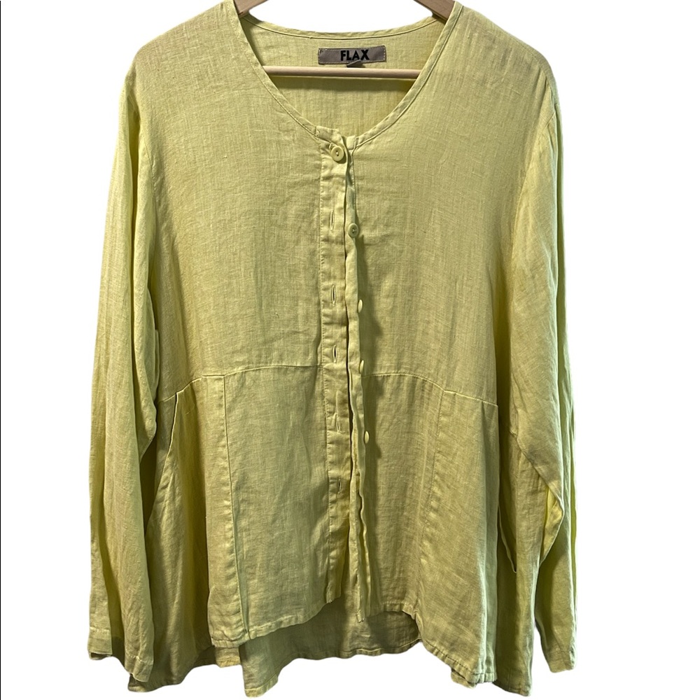Flax Linen Top Pockets Yellow Buttons Long Sleeve Medium